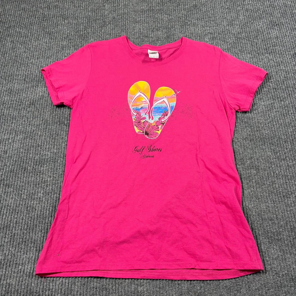 Gildan Gulf Shores Shirt Womens L Alabama Flip Flops Graphic T-Shirt Pink